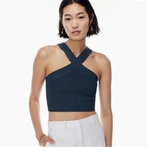 Navy Aritzia Babaton Sculpt Knit Criss Cross Cropped Tank